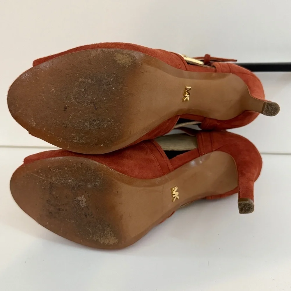 Michael Kors Burnt Orange Suede Cutout Peep-Toe Ankle Booties with Buckles
